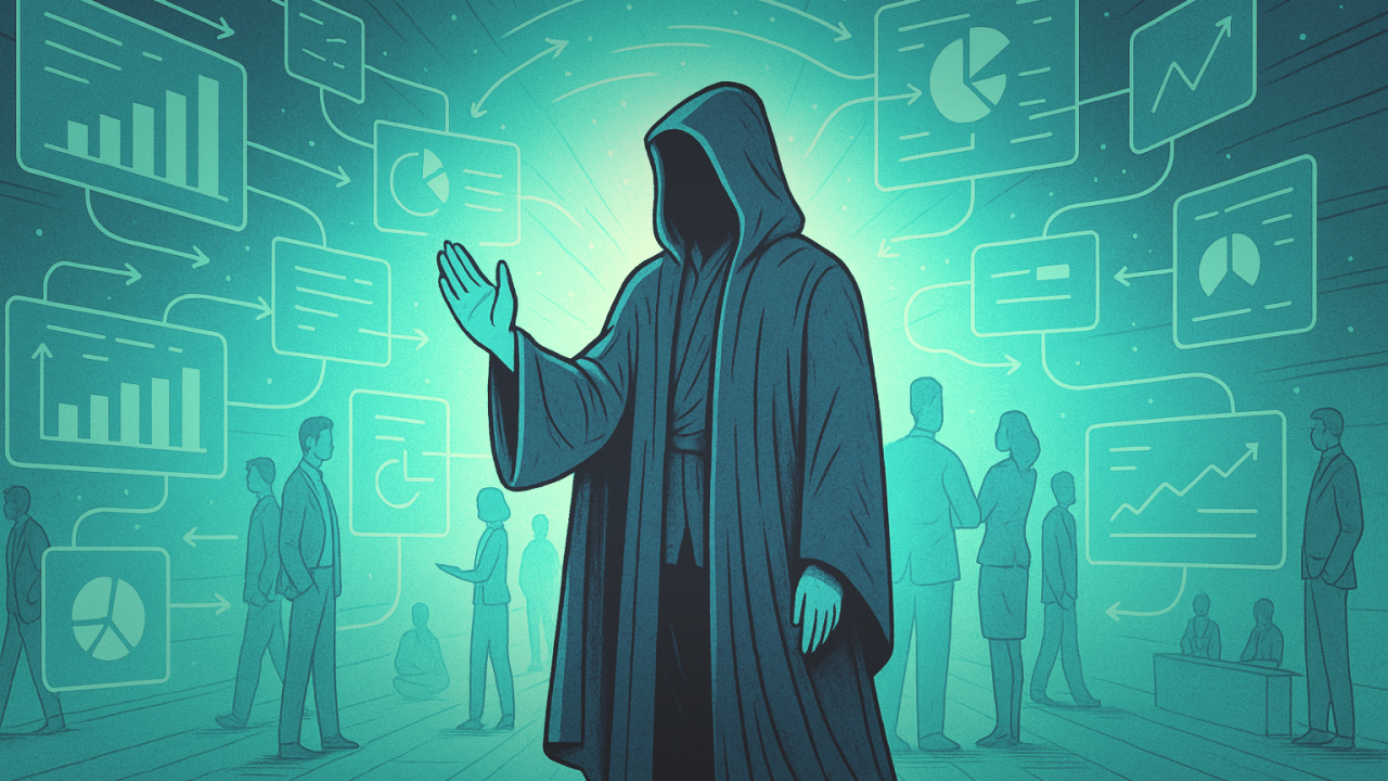 Illustrated hooded figure standing within enterprise charts and workflow graphics
