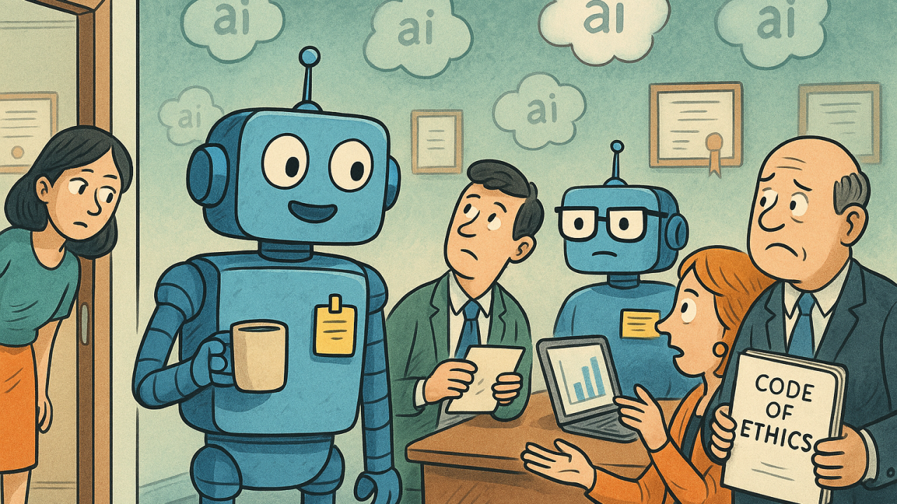 Illustrated office scene with robots and leaders discussing AI ethics
