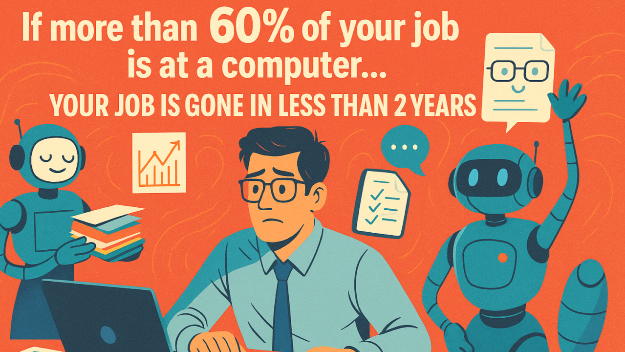 Illustrated worker at a computer flanked by automation-themed robots